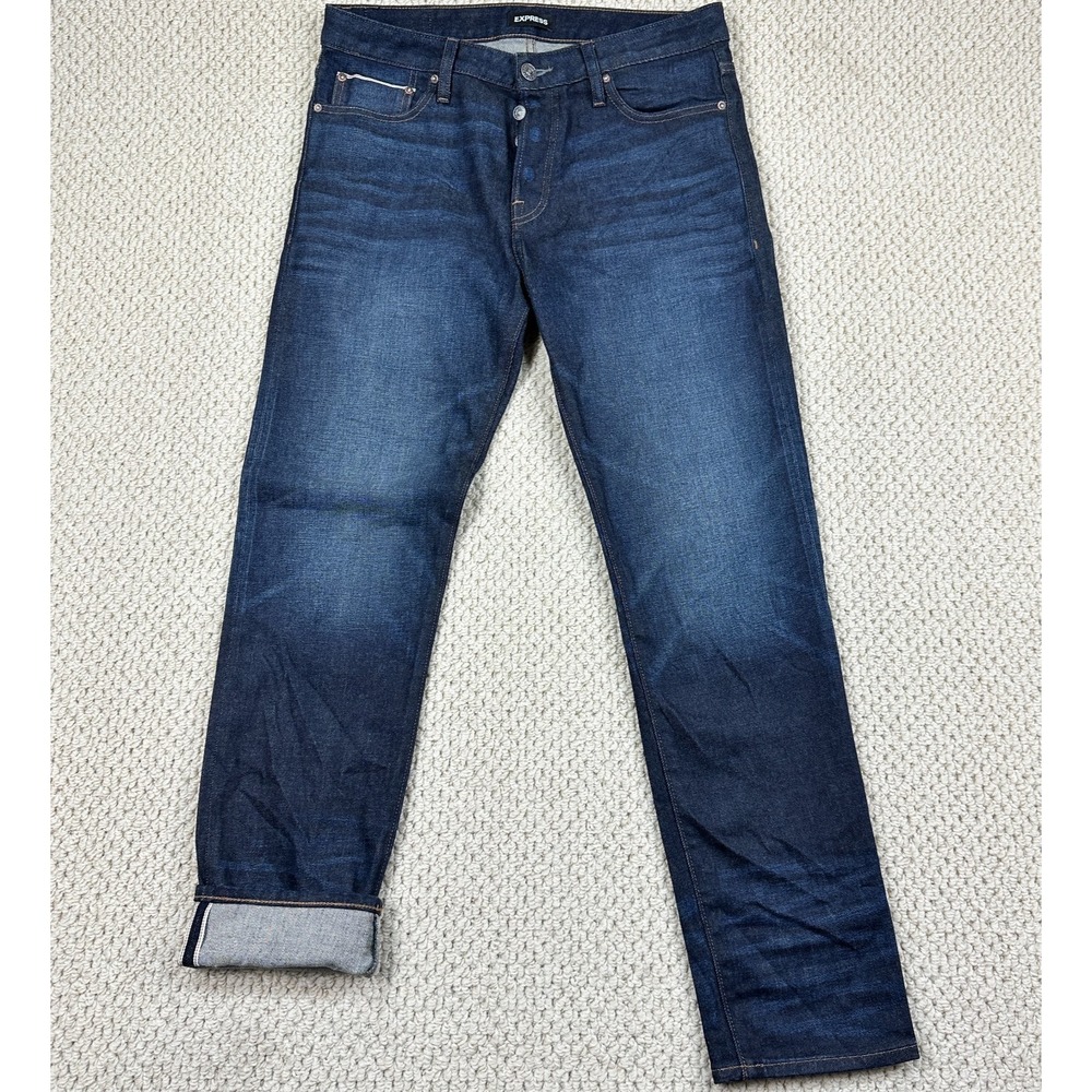 Express Jeans Mens 33x30 Dark Indigo Selvedge Slim Button Fly Denim Whiskered